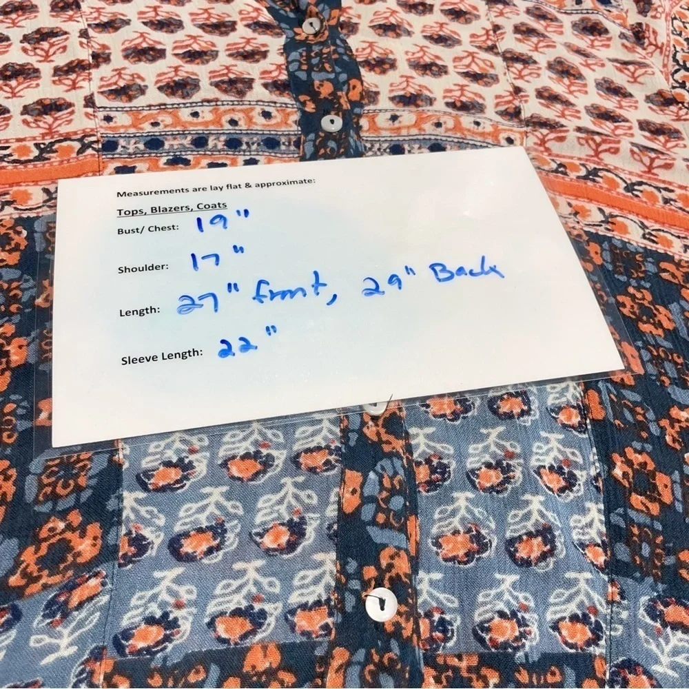 Free People Caravan Patchwork Printed Button Down size XS. Blue and Orange